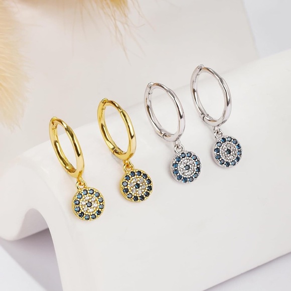 925 sterling Silver Evil Eye Dazzling Blue  Crystal Earrings - Picture 2 of 6